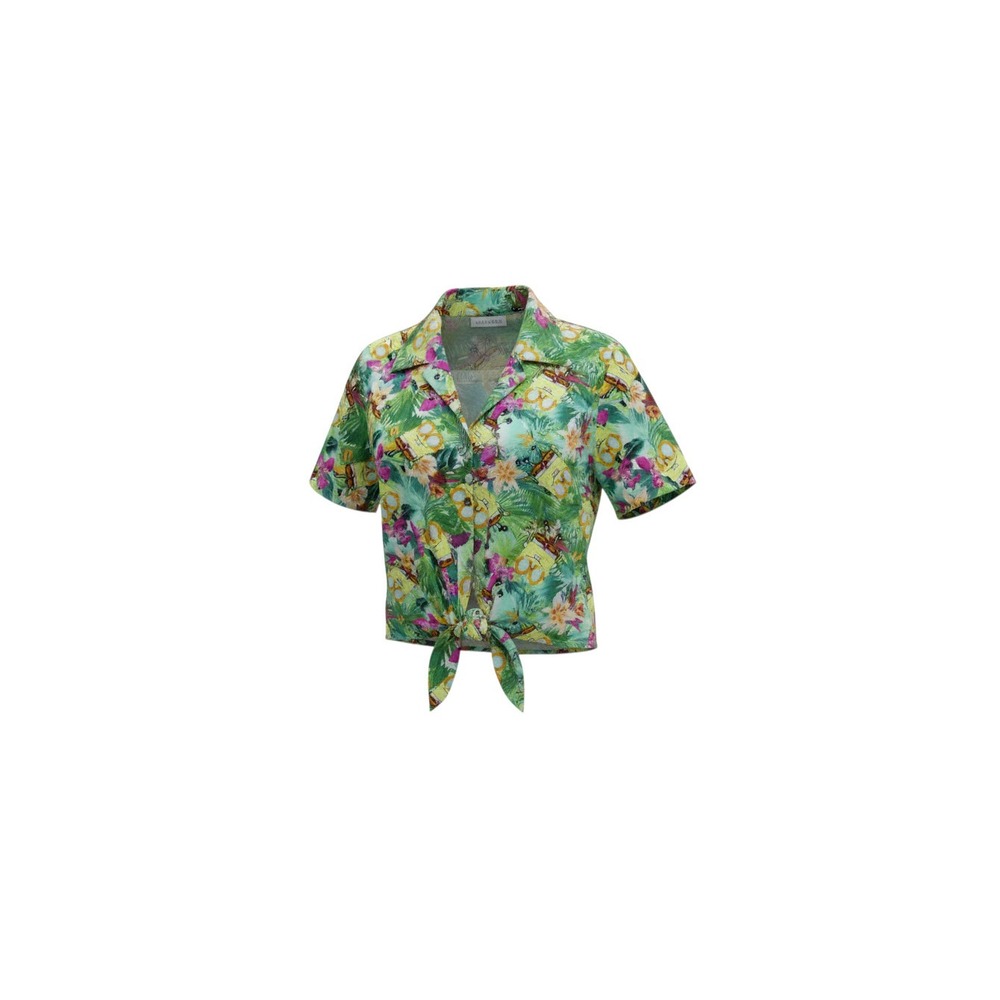 SpongeBob SquarePants Button Up Shirt Womens Medium Green Tropical Tie Front